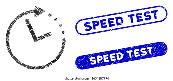 Mosaic time direction and distressed stamp seals with Speed Test phrase. Mosaic vector time direction is formed with scattered rectangles. Speed Test stamp seals use blue color,