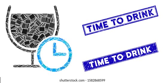 Mosaic time to drink icon and rectangle Time to Drink seals. Flat vector time to drink mosaic icon of scattered rotated rectangle elements. Blue Time to Drink seal stamps with dirty surface.