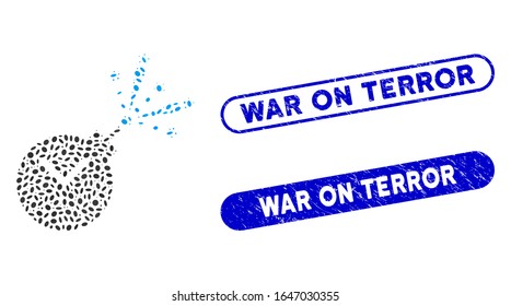 Cohetes antibalas de mosaico y sellos de goma con frases de guerra contra el terrorismo. La carga de los fuegos artificiales de tiempo vectorial mosaico se crea con piezas de elipse dispersas. Sellos de sello de guerra contra el terror utilizan color azul,
