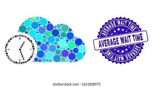 Mosaic time icon and grunge stamp seal with Average Wait Time phrase. Mosaic vector is designed with time pictogram and with scattered spheric spots. Average Wait Time stamp seal uses blue color,