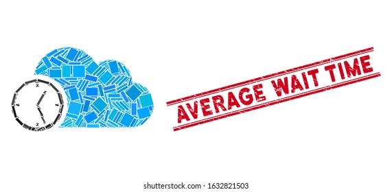 Mosaic time icon and red Average Wait Time seal between double parallel lines. Flat vector time mosaic icon of randomized rotated rectangular items.