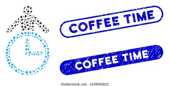 Mosaic time manager and grunge stamp seals with Coffee Time caption. Mosaic vector time manager is designed with random ellipse dots. Coffee Time stamp seals use blue color,