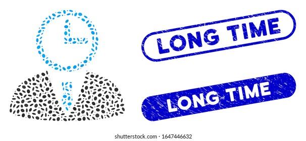 Mosaic time manager and grunge stamp seals with Long Time text. Mosaic vector time manager is formed with randomized elliptic spots. Long Time seals use blue color, and have round rectangle shape.