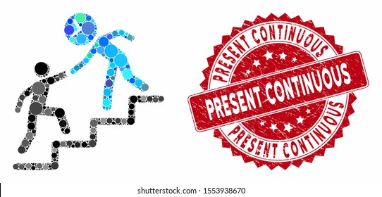 Mosaic time manager help and distressed stamp watermark with Present Continuous text. Mosaic vector is composed with time manager help icon and with scattered round spots.