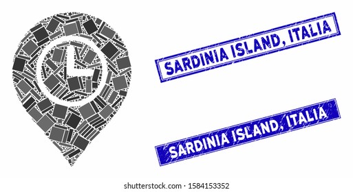 Mosaic time marker icon and rectangular Sardinia Island, Italia stamps. Flat vector time marker mosaic icon of randomized rotated rectangular elements. Blue Sardinia Island,