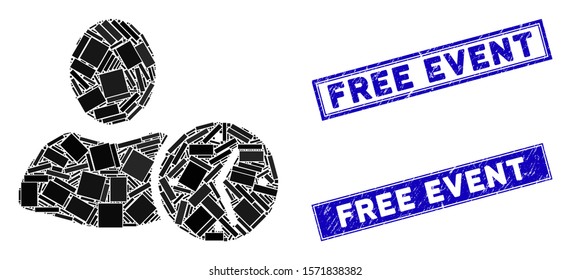 Mosaic time pictogram and rectangular Free Event seals. Flat vector time mosaic pictogram of scattered rotated rectangular elements. Blue Free Event stamps with distress surface.