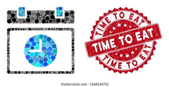 Mosaic time schedule and rubber stamp seal with Time to Eat text. Mosaic vector is designed with time schedule icon and with randomized round items. Time to Eat stamp seal uses red color,