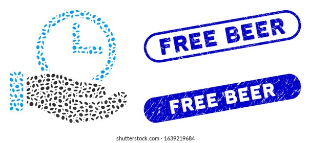 Mosaic time service and grunge stamp seals with Free Beer caption. Mosaic vector time service is designed with randomized ellipse parts. Free Beer seals use blue color, and have round rectangle shape.