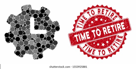 Mosaic time settings and grunge stamp watermark with Time to Retire caption. Mosaic vector is composed with time settings icon and with scattered round items. Time to Retire stamp uses red color,