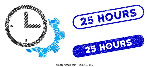 Mosaic time setup gear and corroded stamp seals with 25 Hours phrase. Mosaic vector time setup gear is formed with random rectangle items. 25 Hours stamp seals use blue color,