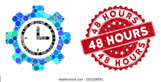 Mosaic time setup gear and distressed stamp watermark with 48 Hours phrase. Mosaic vector is formed with time setup gear icon and with randomized spheric items. 48 Hours stamp uses red color,