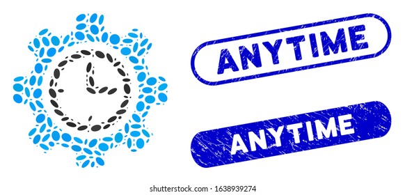 Mosaic time setup gear and grunge stamp seals with Anytime text. Mosaic vector time setup gear is formed with scattered ellipse spots. Anytime stamp seals use blue color,