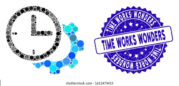 Mosaic time setup gear icon and corroded stamp seal with Time Works Wonders phrase. Mosaic vector is designed with time setup gear icon and with random circle items.