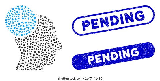 Mosaic time thinking and distressed stamp seals with Pending text. Mosaic vector time thinking is created with random elliptic spots. Pending stamp seals use blue color,