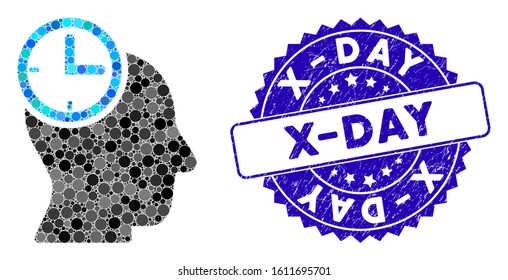 Mosaic time thinking head icon and distressed stamp seal with X-Day text. Mosaic vector is composed with time thinking head pictogram and with scattered round elements.
