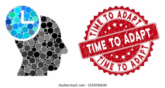 Mosaic time thinking and rubber stamp watermark with Time to Adapt caption. Mosaic vector is composed with time thinking icon and with scattered spheric items. Time to Adapt stamp seal uses red color,