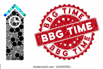 Mosaic time tower and corroded stamp seal with Bbg Time caption. Mosaic vector is composed with time tower icon and with random circle elements. Bbg Time seal uses red color, and distress texture.