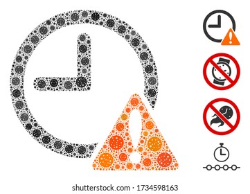 Mosaic time warning composed of SARS virus elements in variable sizes and color hues. Vector viral icons are composed into abstract mosaic time warning icon. Some bonus icons are added.