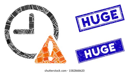 Mosaic time warning icon and rectangular Huge seals. Flat vector time warning mosaic icon of scattered rotated rectangular items. Blue Huge rubber seals with grunge textures.