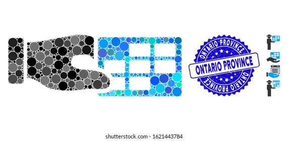 Mosaic timetable properties icon and corroded stamp seal with Ontario Province caption. Mosaic vector is composed with timetable properties icon and with scattered circle elements.