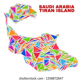 Mosaic Tiran Island map of triangles in bright colors isolated on a white background. Triangular collage in shape of Tiran Island map. Abstract design for patriotic decoration.