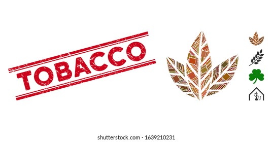 Mosaic tobacco leaves icon and red Tobacco rubber print between double parallel lines. Flat vector tobacco leaves mosaic pictogram of random rotated rectangle items.
