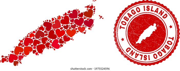 Mosaic Tobago Island map designed with red love hearts, and rubber badge. Vector lovely round red rubber seal imitation with Tobago Island map inside.