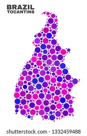 Mosaic Tocantins State map isolated on a white background. Vector geographic abstraction in pink and violet colors. Mosaic of Tocantins State map combined of scattered circle points.