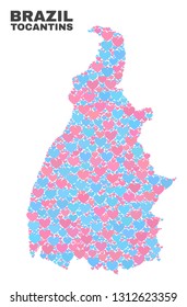 Mosaic Tocantins State map of love hearts in pink and blue colors isolated on a white background. Lovely heart collage in shape of Tocantins State map. Abstract design for Valentine illustrations.