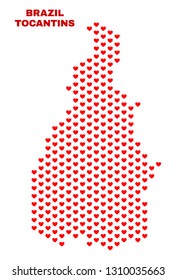 Mosaic Tocantins State map of valentine hearts in red color isolated on a white background. Regular red heart pattern in shape of Tocantins State map. Abstract design for Valentine illustrations.
