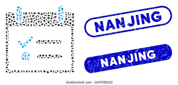 Mosaic todo list calendar day and grunge stamp seals with Nanjing caption. Mosaic vector todo list calendar day is designed with randomized oval parts. Nanjing stamp seals use blue color,