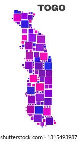 Mosaic Togo map isolated on a white background. Vector geographic abstraction in pink and violet colors. Mosaic of Togo map combined of random square items. Bright colored model for political posters.