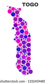 Mosaic Togo map isolated on a white background. Vector geographic abstraction in pink and violet colors. Mosaic of Togo map combined of random round points.