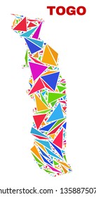 Mosaic Togo map of triangles in bright colors isolated on a white background. Triangular collage in shape of Togo map. Abstract design for patriotic illustrations.