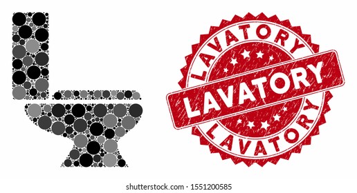 Mosaic toilet bowl and distressed stamp seal with Lavatory text. Mosaic vector is formed with toilet bowl icon and with randomized round spots. Lavatory seal uses red color, and dirty surface.