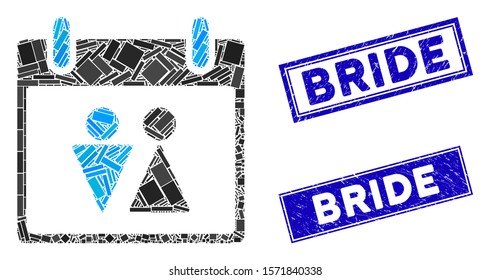 Mosaic toilet calendar day pictogram and rectangle Bride stamps. Flat vector toilet calendar day mosaic pictogram of random rotated rectangle elements. Blue Bride stamps with grunge surface.