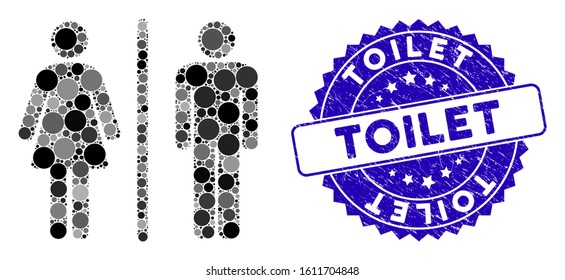 Mosaic toilet icon and distressed stamp seal with Toilet phrase. Mosaic vector is formed with toilet icon and with scattered round spots. Toilet seal uses blue color, and grunged texture.