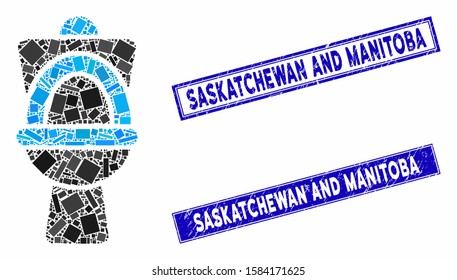 Mosaic toilet pan icon and rectangular Saskatchewan and Manitoba seal stamps. Flat vector toilet pan mosaic icon of random rotated rectangular items.