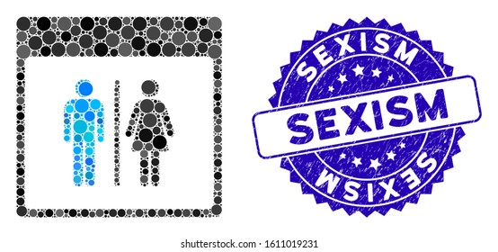 Mosaic toilet persons calendar page icon and grunge stamp seal with Sexism phrase. Mosaic vector is created with toilet persons calendar page pictogram and with randomized circle spots.