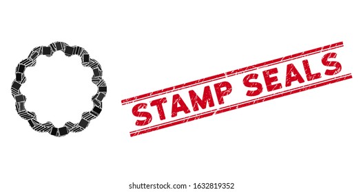 Mosaic token icon and red Stamp Seals seal stamp between double parallel lines. Flat vector token mosaic icon of scattered rotated rectangle items. Red Stamp Seals rubber seal with scratched textures.