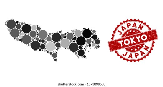 Mosaic Tokyo Prefecture map and circle stamp. Flat vector Tokyo Prefecture map mosaic of random circle elements. Red stamp imprint with scratched design. Designed for political and patriotic purposes.