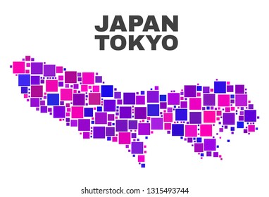 Mosaic Tokyo Prefecture map isolated on a white background. Vector geographic abstraction in pink and violet colors. Mosaic of Tokyo Prefecture map combined of random square elements.