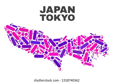 Mosaic Tokyo Prefecture map isolated on a white background. Vector geographic abstraction in pink and violet colors. Mosaic of Tokyo Prefecture map combined of random circle points and lines.
