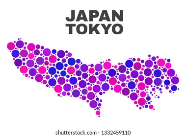 Mosaic Tokyo Prefecture map isolated on a white background. Vector geographic abstraction in pink and violet colors. Mosaic of Tokyo Prefecture map combined of scattered circle elements.