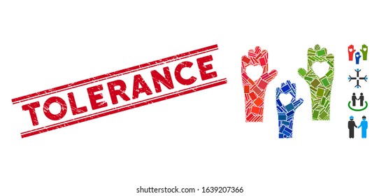 Mosaic tolerance hands icon and red Tolerance stamp between double parallel lines. Flat vector tolerance hands mosaic icon of scattered rotated rectangle elements.