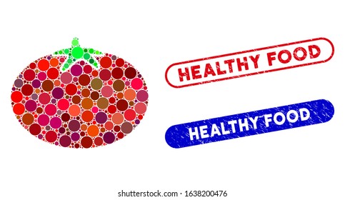 Mosaic tomato and distressed stamp seals with Healthy Food phrase. Mosaic vector tomato is created with randomized spheric dots. Healthy Food stamp seals use blue and red colors,