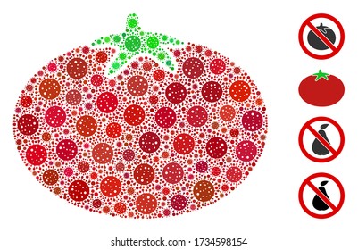 Mosaic tomato organized from coronavirus elements in different sizes and color hues. Vector pathogen icons are organized into abstract illustration tomato icon. Some bonus icons are added.