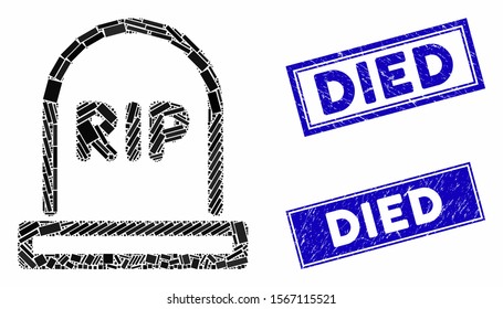 Mosaic tomb pictogram and rectangle rubber prints. Flat vector tomb mosaic pictogram of random rotated rectangle items. Blue caption seals with rubber textures.