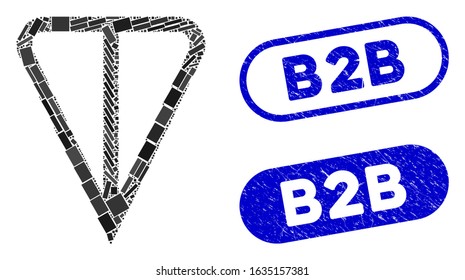Mosaic ton currency and corroded stamp watermarks with B2B caption. Mosaic vector ton currency is formed with random rectangle items. B2B seals use blue color, and have round rectangle shape.