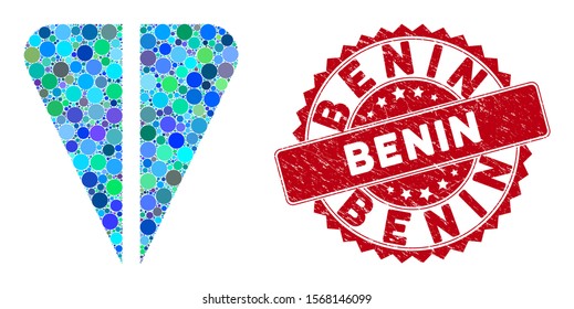 Mosaic ton currency and grunge stamp seal with Benin text. Mosaic vector is designed with ton currency icon and with random circle elements. Benin stamp seal uses red color, and distress texture.